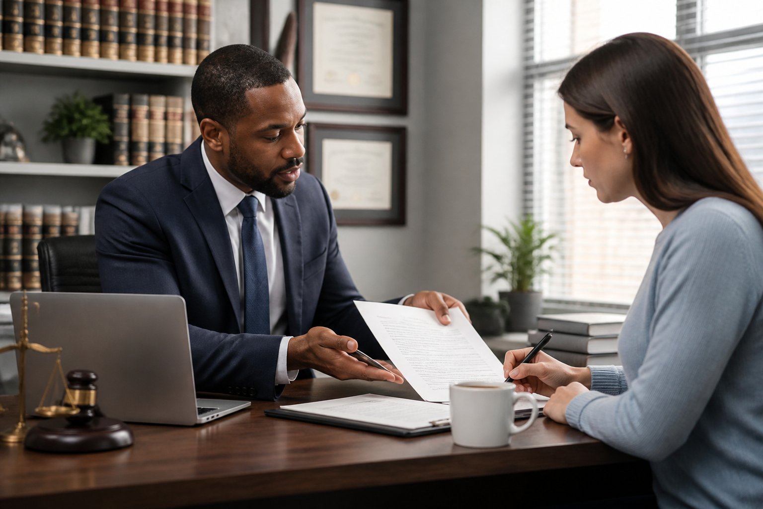 A lawyer explains documents to a client in a modern office, with legal papers and a laptop on the desk.