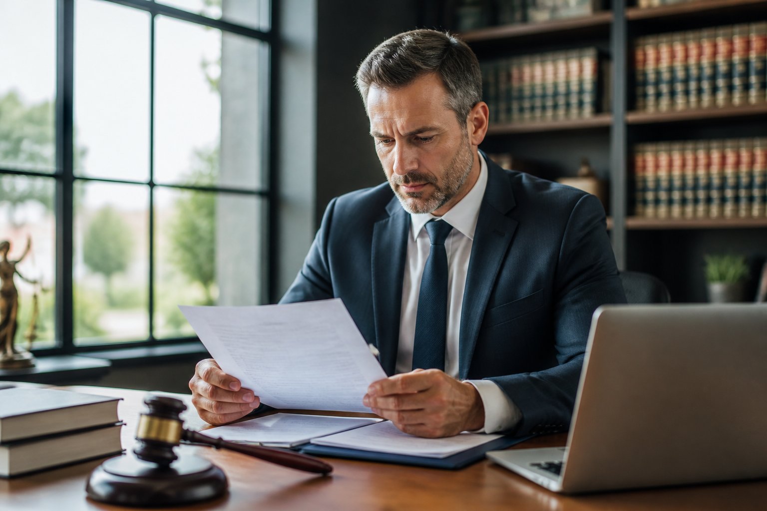 A lawyer in a modern office reviewing legal documents with a laptop and law books on the desk.