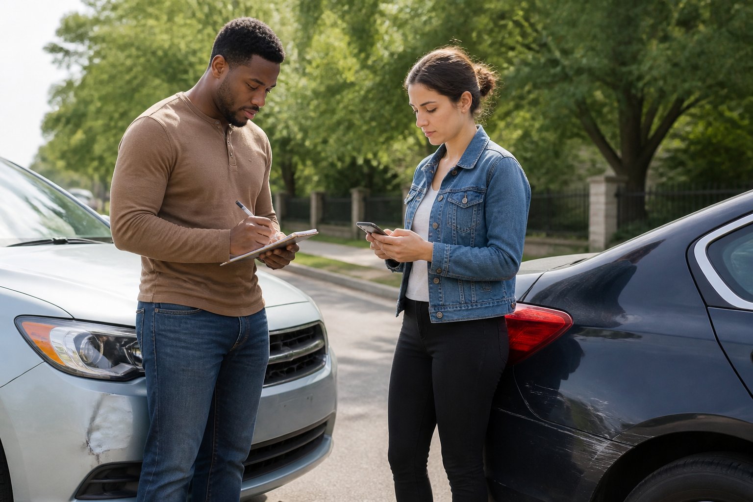 Two drivers exchanging information beside their cars after a minor accident on a suburban road.