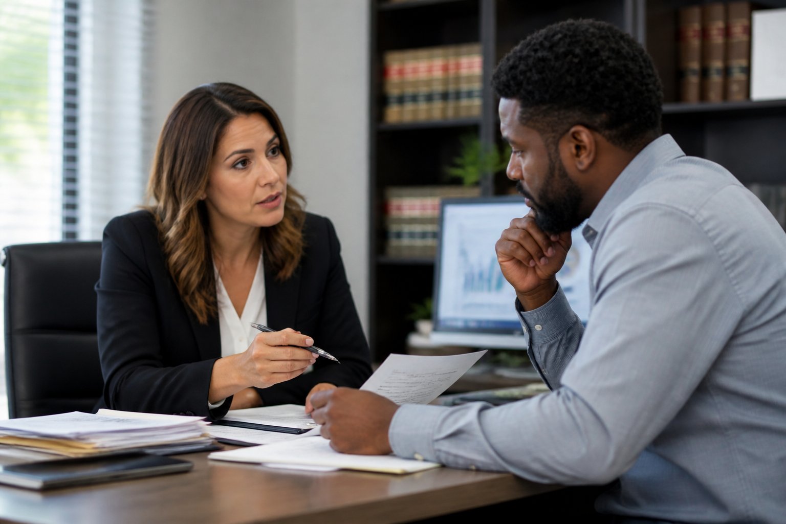 A lawyer discussing paperwork with a client in a modern office setting.