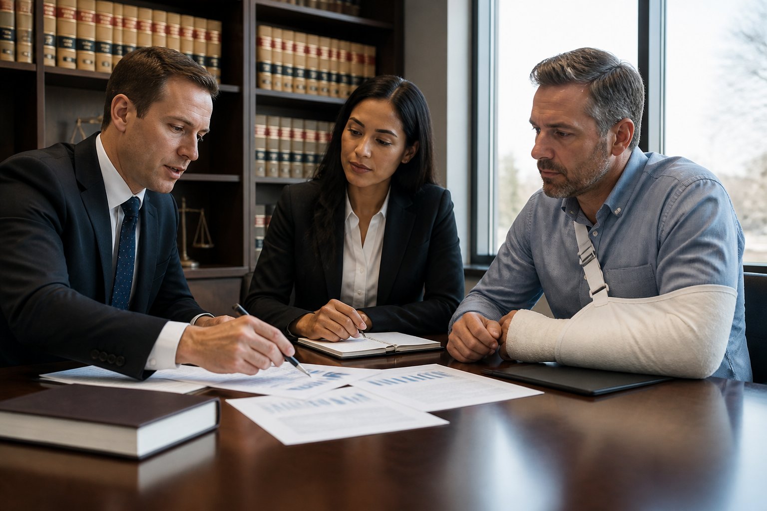 A group of professionals in an office discussing injury compensation with a client who has a bandaged arm.