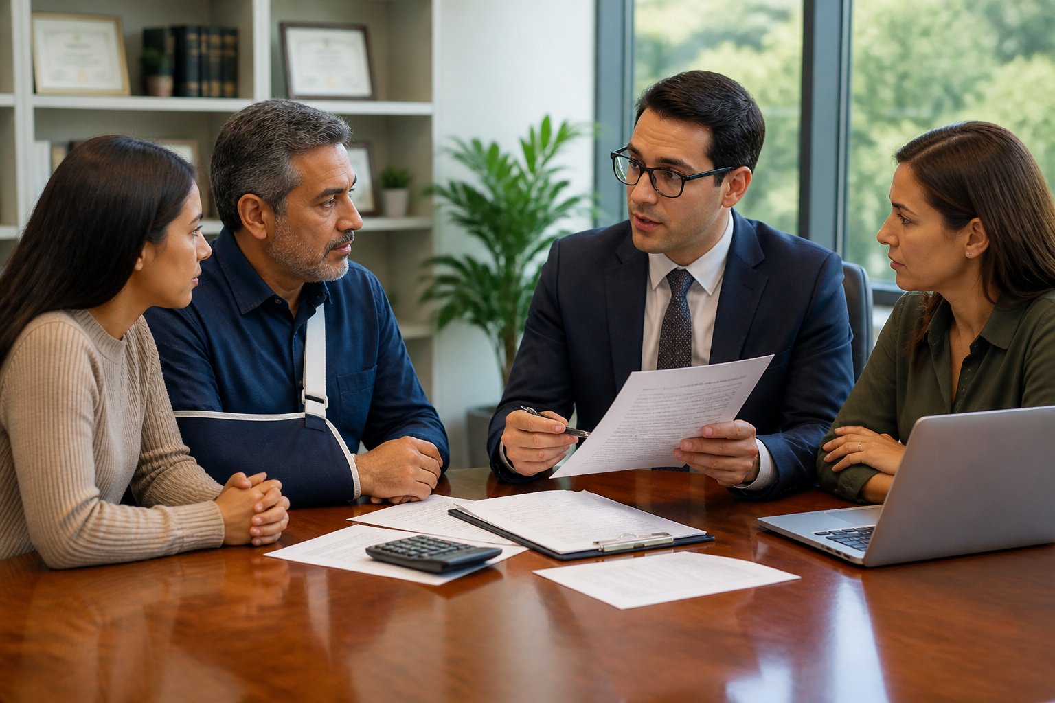 A group of people discussing injury compensation in an office, with one person wearing an arm sling.