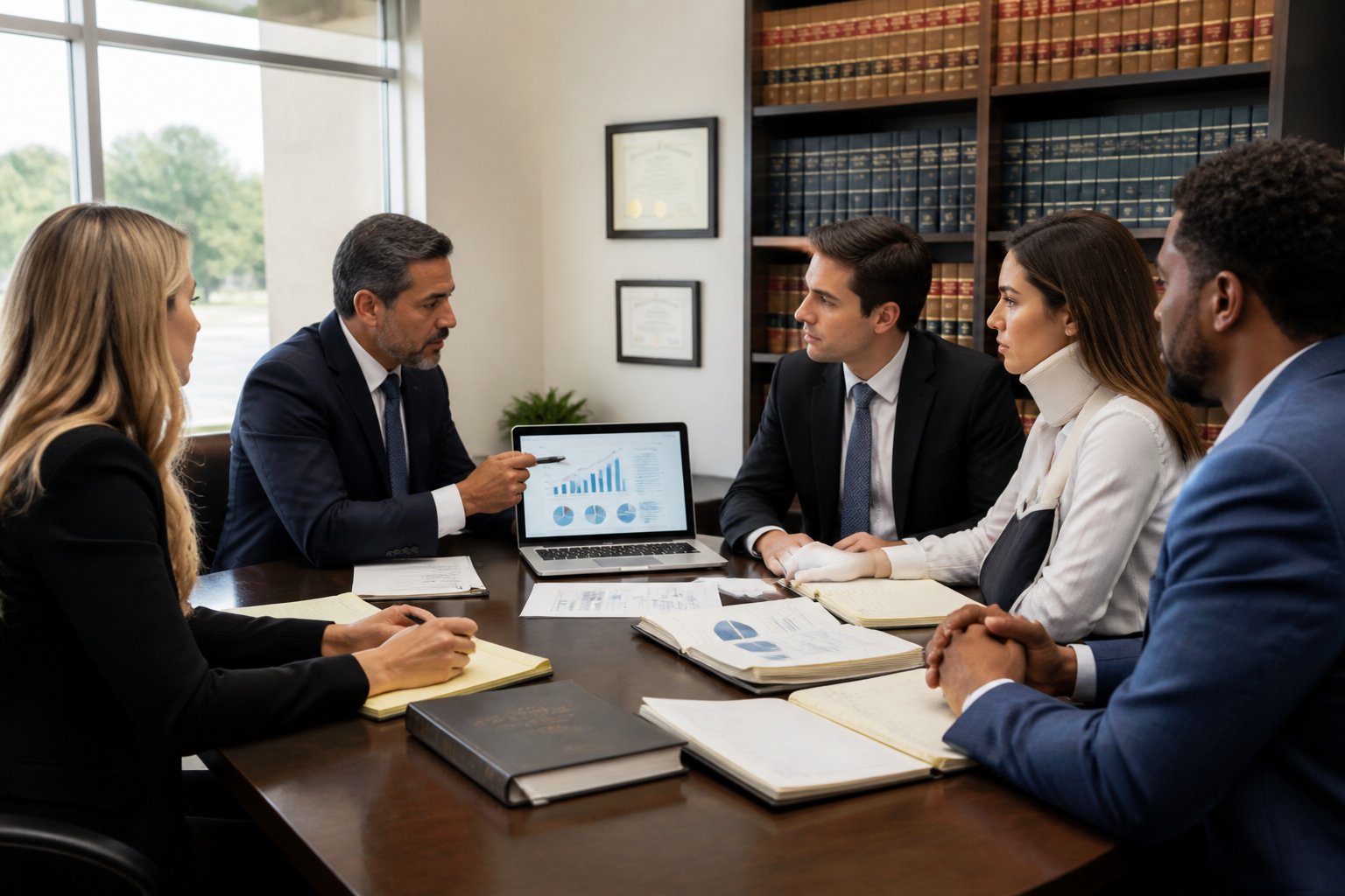 A group of professionals discussing documents and financial data around a conference table in an office.