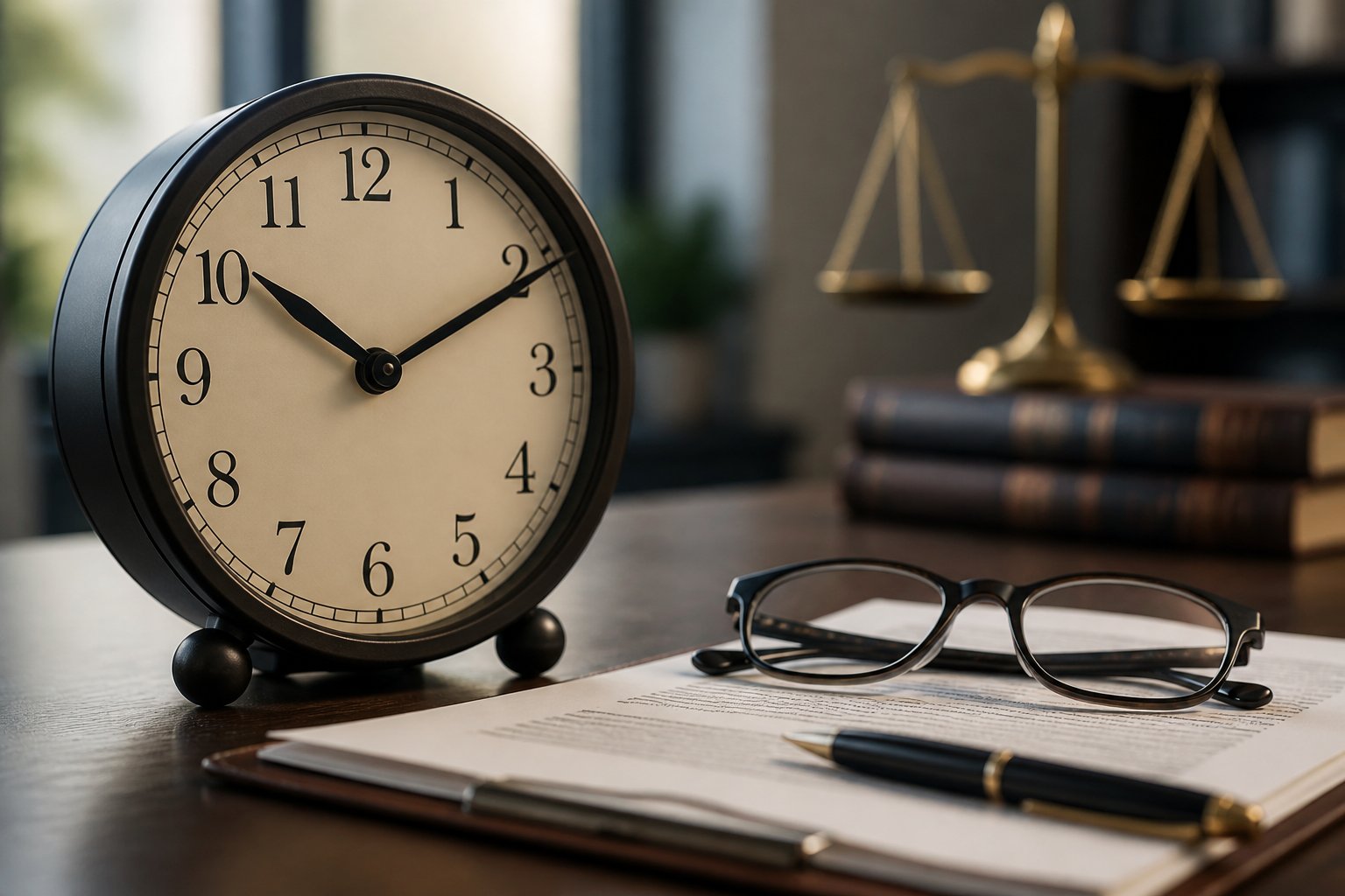 Close-up of an analog clock on a desk with eyeglasses and legal documents nearby.