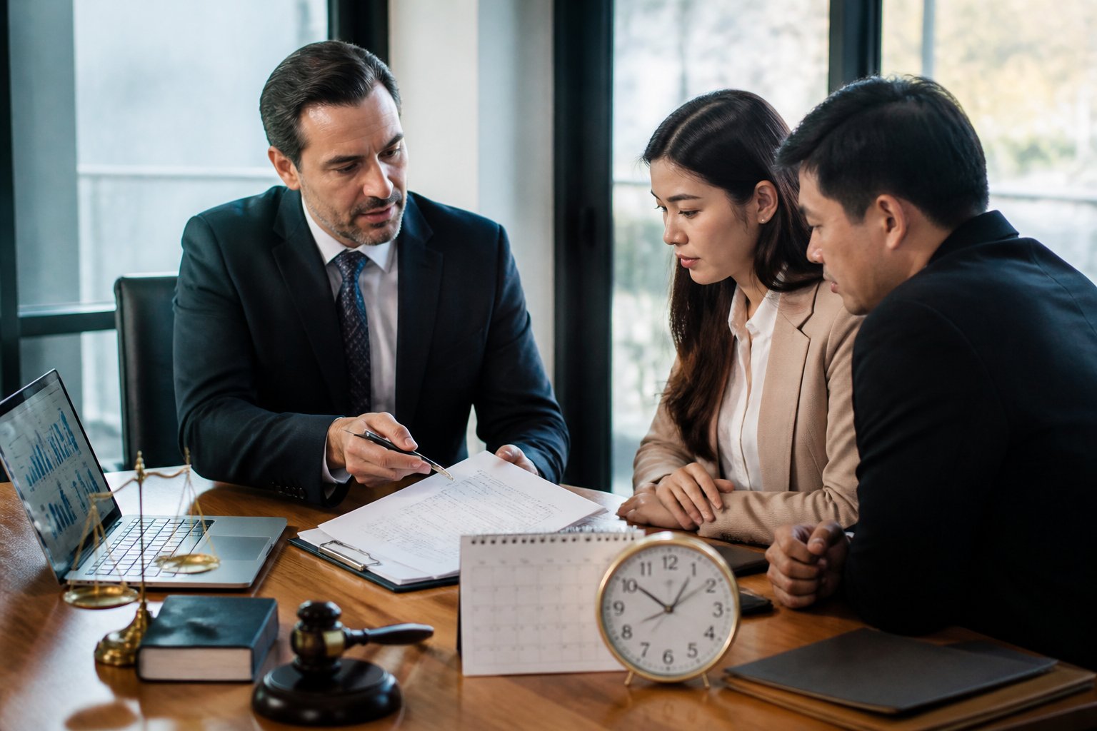 A lawyer and client discussing legal documents at a conference table with a calendar and clock visible, symbolizing time-sensitive legal deadlines.