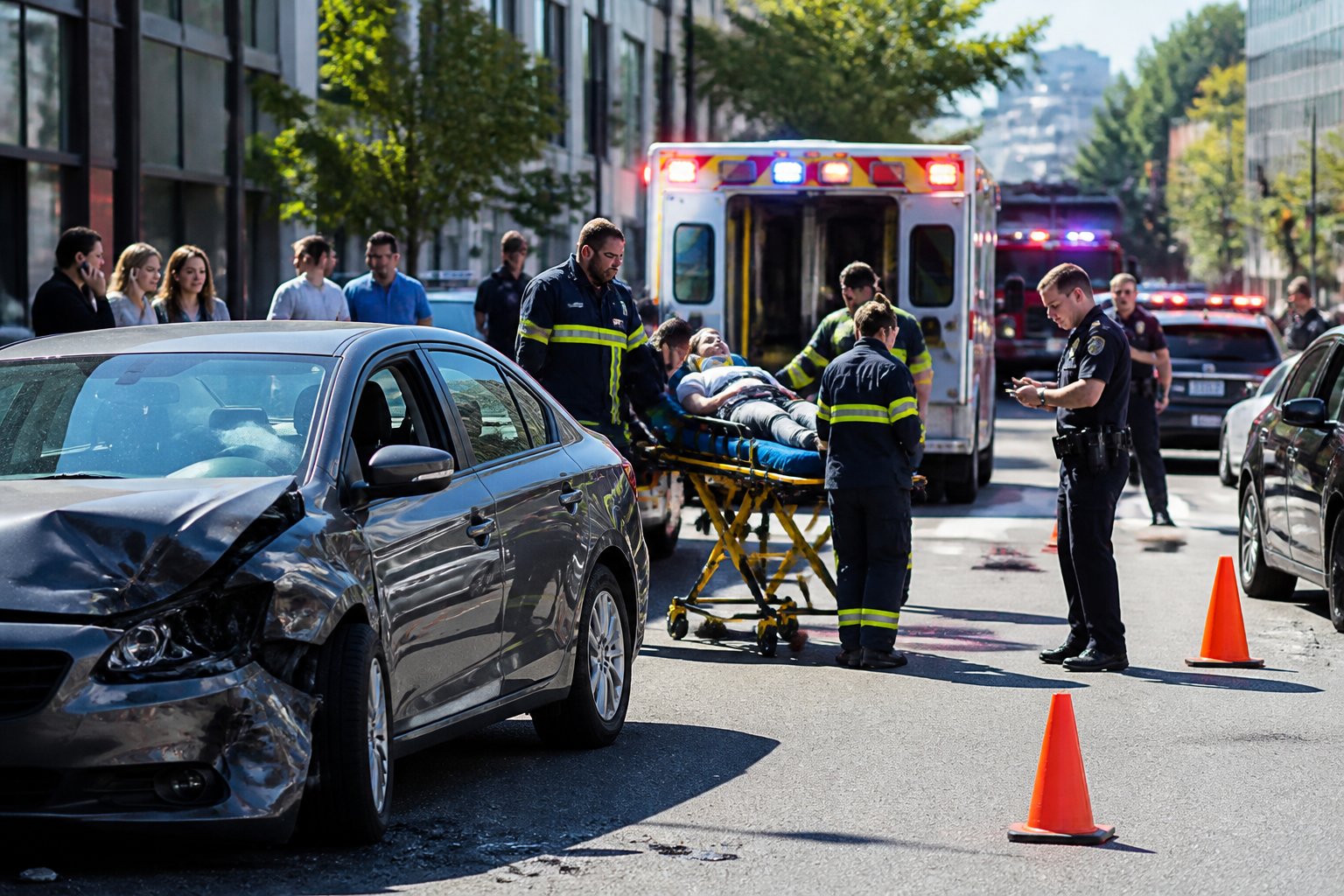 Emergency responders assisting an injured person at a car accident scene on a city street with bystanders and emergency vehicles nearby.