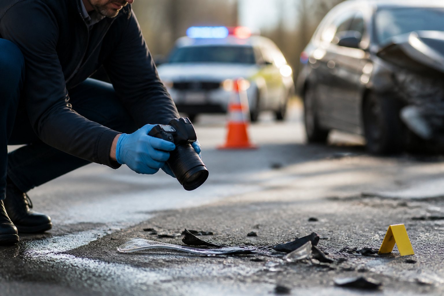 A person wearing gloves carefully handling evidence at an accident scene with emergency vehicles and cones in the background.
