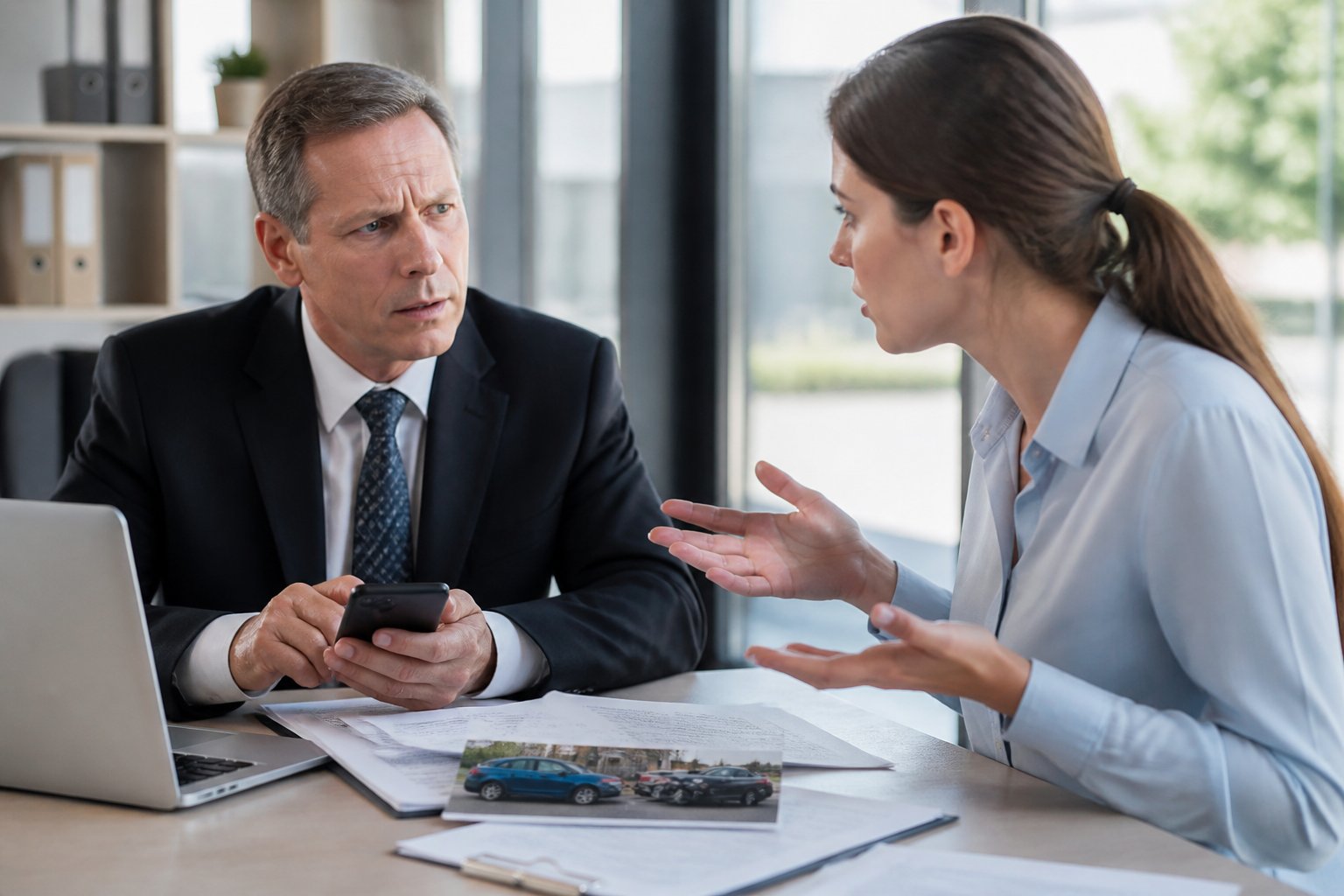 Two professionals in an office having a serious conversation with concerned expressions, surrounded by a laptop and paperwork.