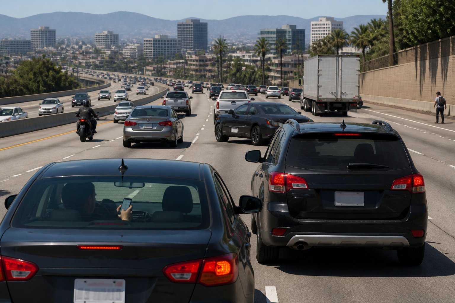 A busy multi-lane freeway with various vehicles driving and some drivers showing distracted behaviors like texting and unsafe lane changes.