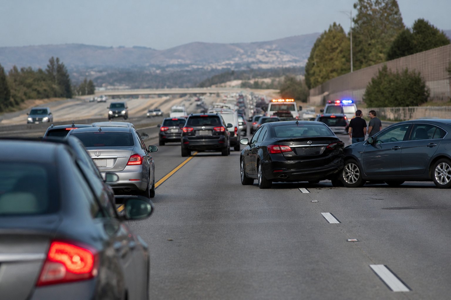 A busy freeway with cars braking abruptly and emergency vehicles attending to a minor accident on the side of the road.