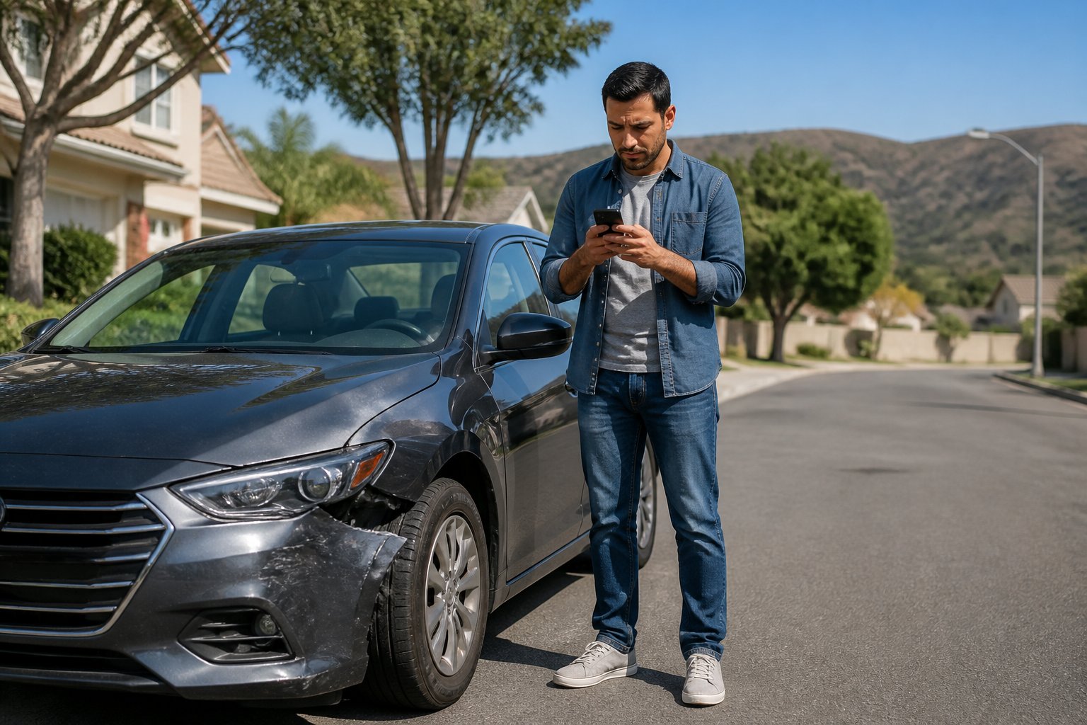 A person standing next to a damaged car on a suburban street using a smartphone after a car accident.