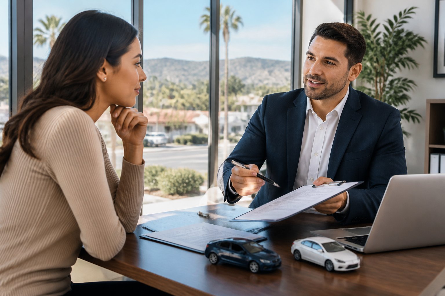 A person consulting with an insurance agent in a bright office with a view of suburban streets outside.