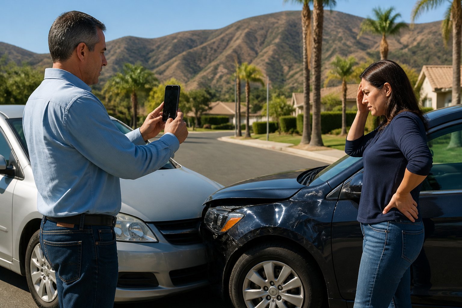 Two drivers standing by their cars on a quiet suburban street after a minor accident, one holding a smartphone to document the scene.