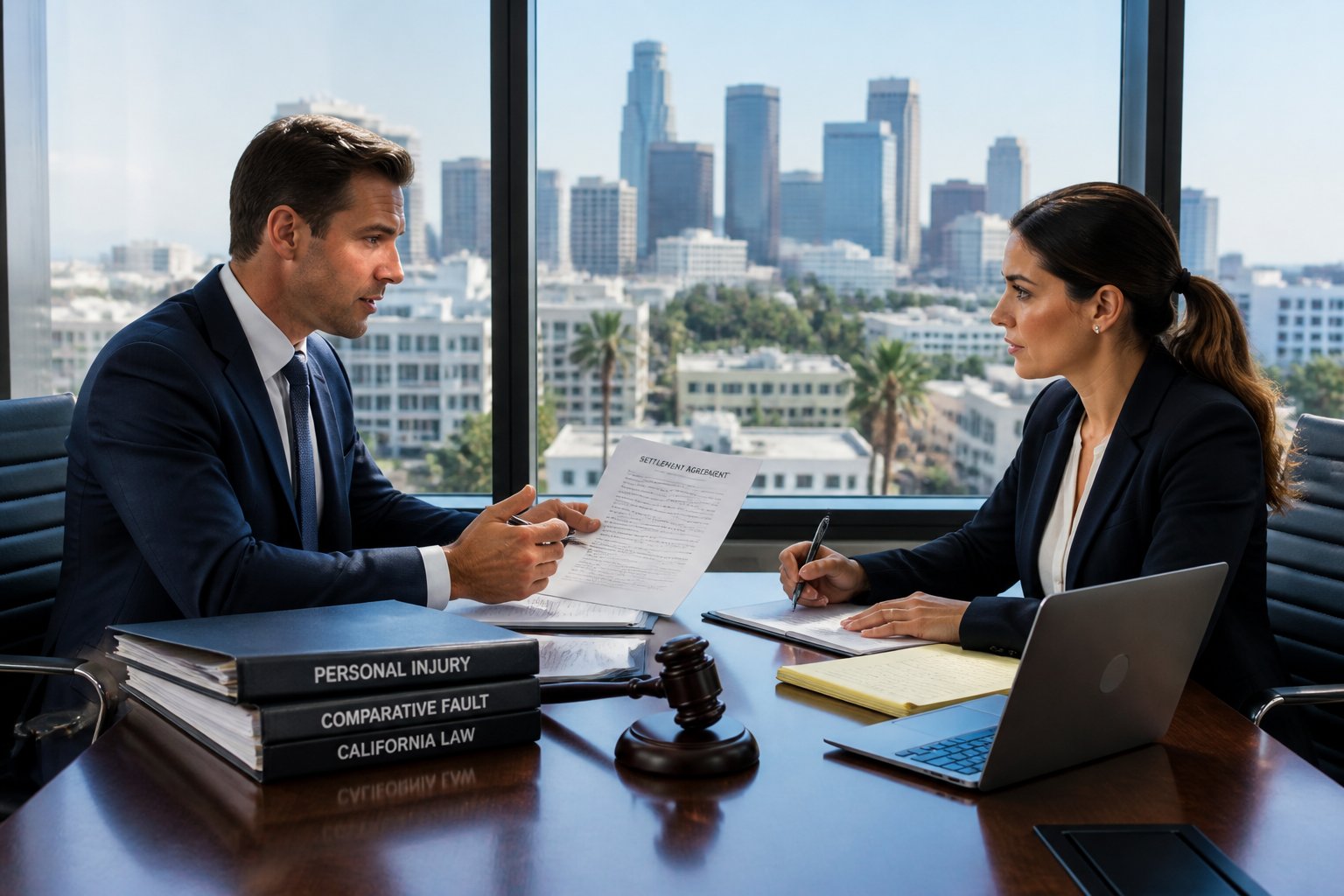 Two lawyers in a modern office reviewing legal documents at a conference table with a California city skyline visible through the window.