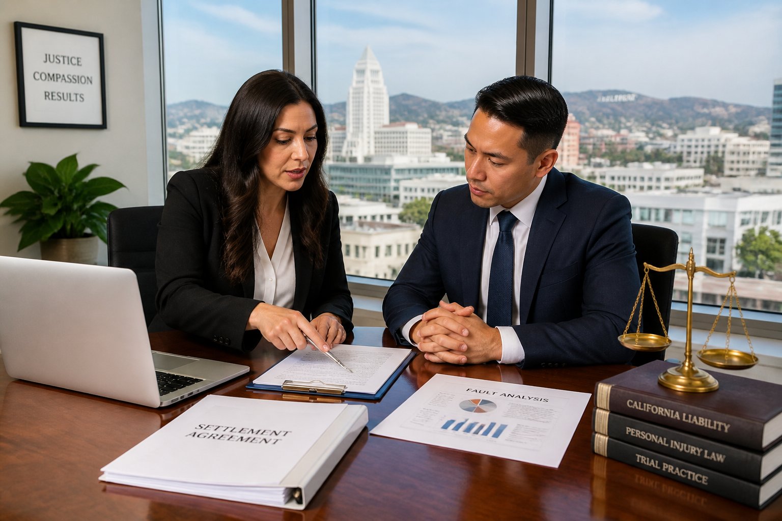 Two professionals discussing legal documents at a conference table in an office with a city view.