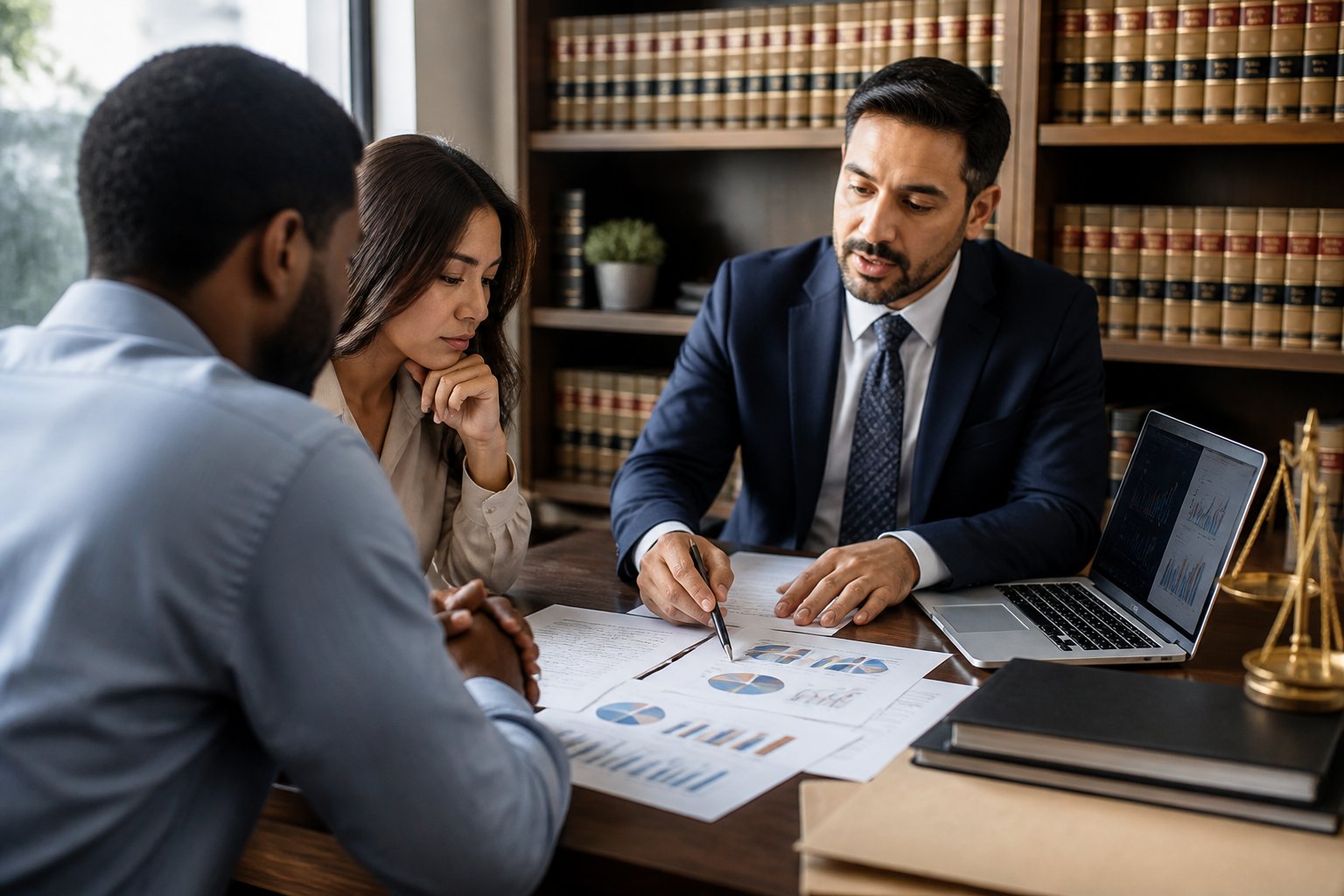 A lawyer and client discussing legal documents in a modern office, focusing on fault investigation and settlement.
