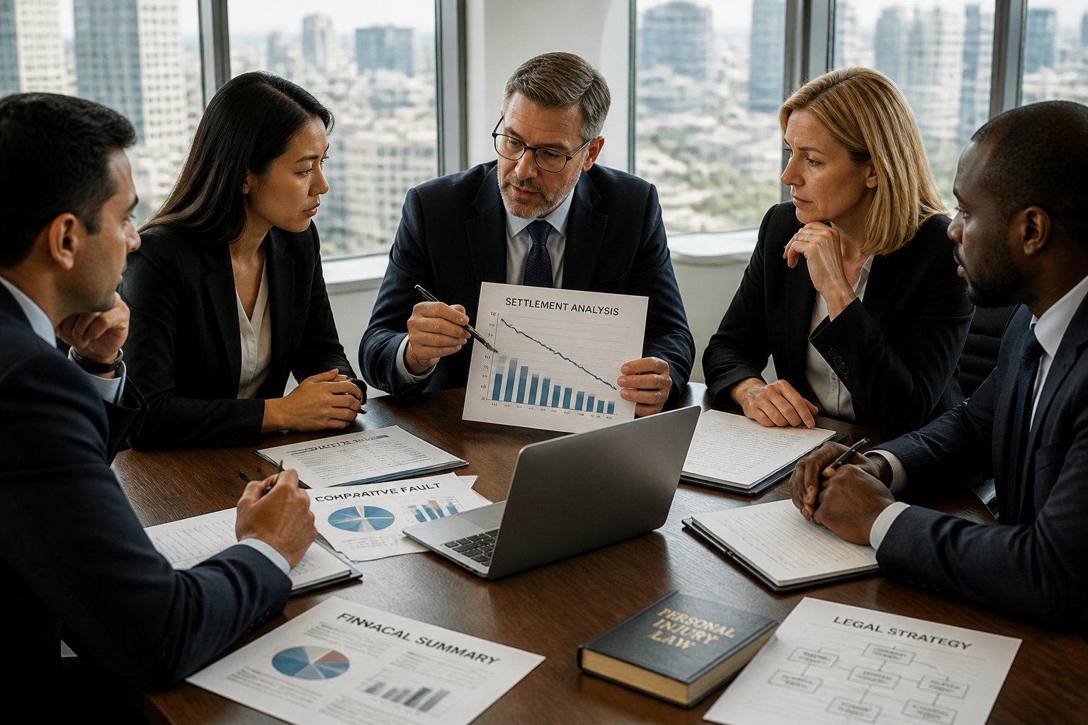 A group of diverse professionals discussing documents and charts around a conference table in a modern office.