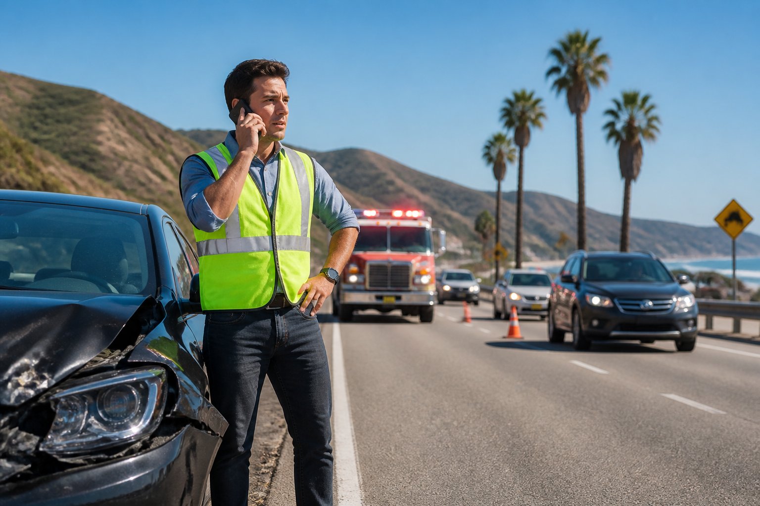 A driver wearing a safety vest stands beside a damaged car on a California highway, making a phone call as emergency vehicles arrive.