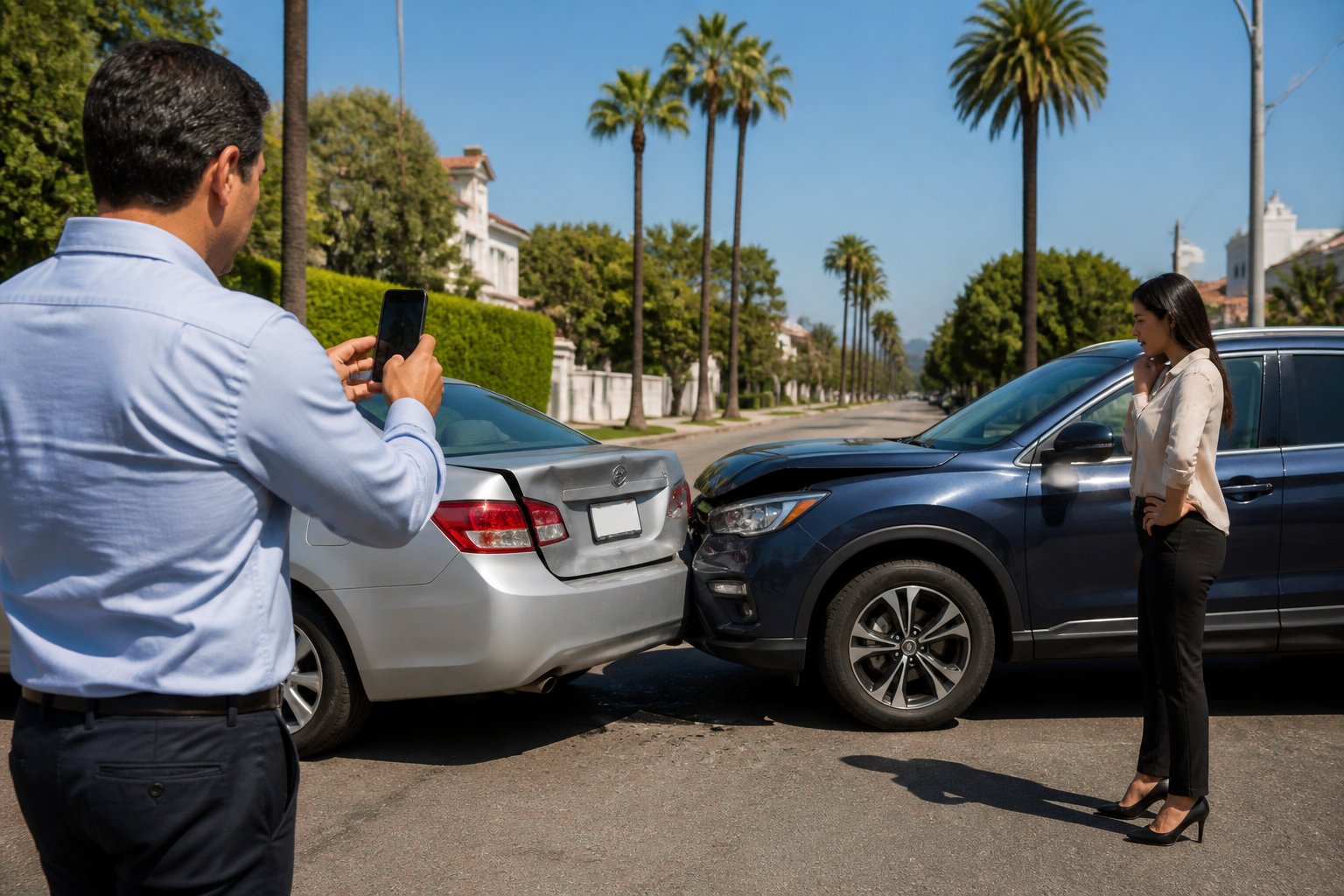Two people documenting a minor car accident on a sunny California street with palm trees, taking photos of the damaged vehicles.