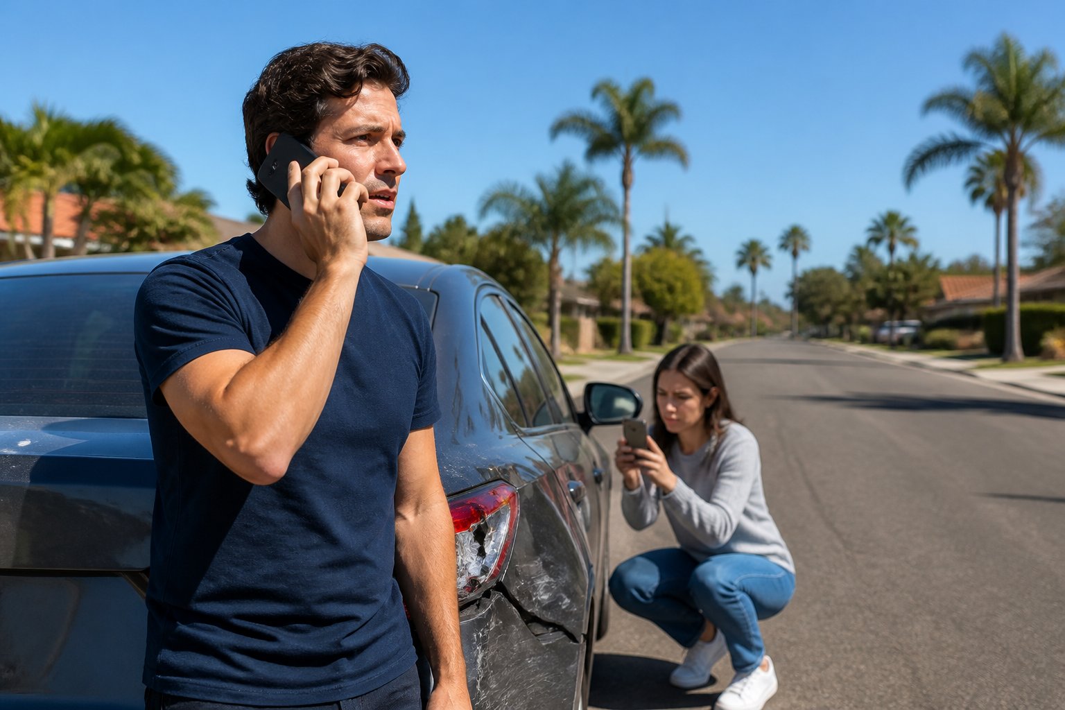 A driver standing beside a damaged car on a suburban street, making a phone call and taking photos after an accident.