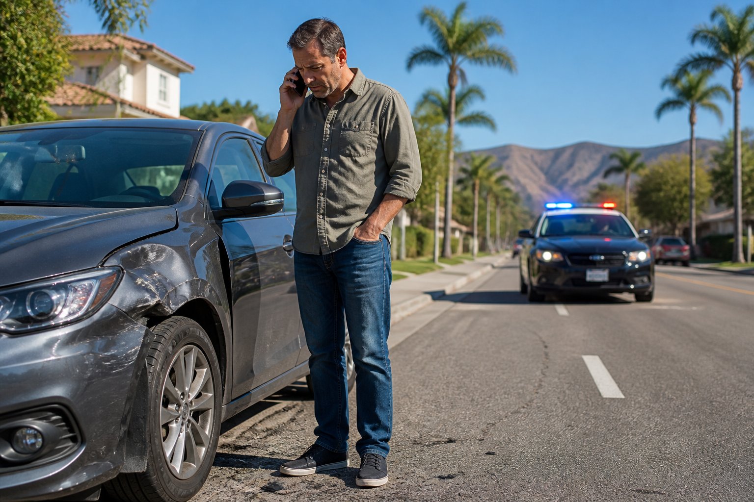 A damaged car on the side of a suburban street with a driver making a phone call and a police car approaching with flashing lights.