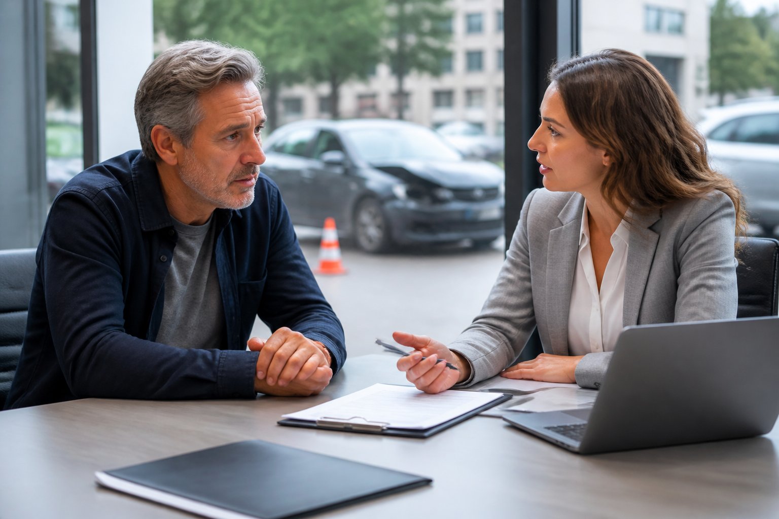 A person consulting with an insurance agent at an office desk with documents, with a damaged car visible outside a window in the background.